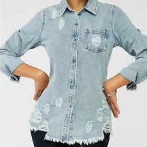 Lala Factory Light Wash Distressed Denim Shirt